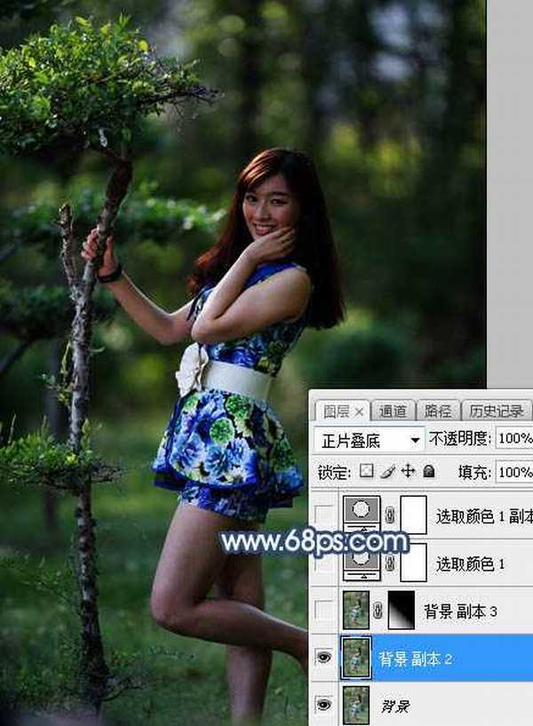 Photoshop将树林人物图片打造出唯美的夏季青蓝色